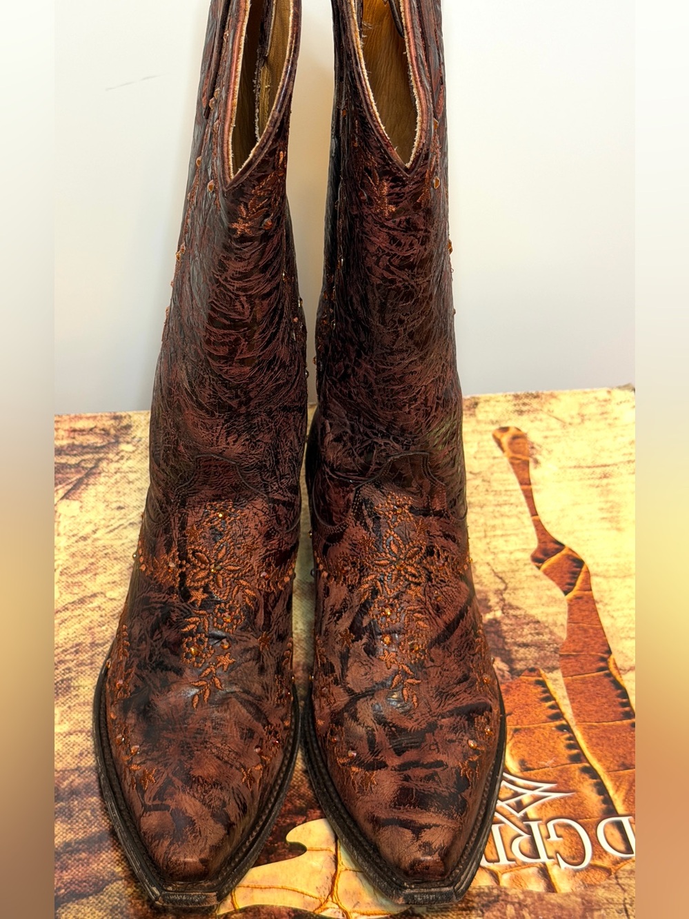 Brown Embossed Leather Western Boots old gringo